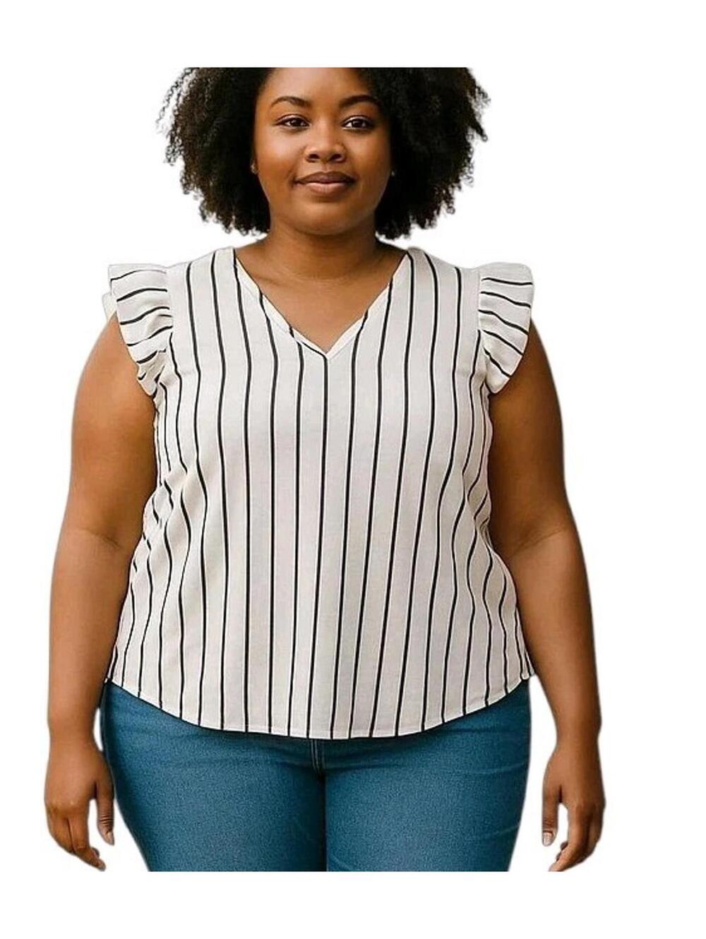 White Black Stripes Top Blouse Boho Size XL Spring Cotton Lightweight V Neck